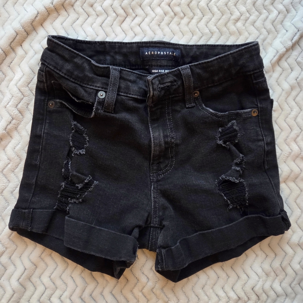 Aeropostale High Rise Midi Black Distressed Ripped Jean Shorts Size 0